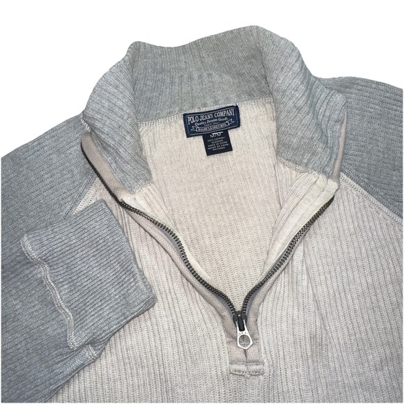 Polo Jean Co By Ralph Lauren Other - VTG Polo Jeans Co Ralph Lauren Mens M Ribbed Preppy Pullover 1/4 Zip Beige Gray